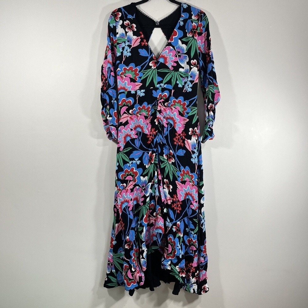 Maeve‎ Anthropologie Black Floral Long Sleeve Hi-Lo Dress Women's Size 8